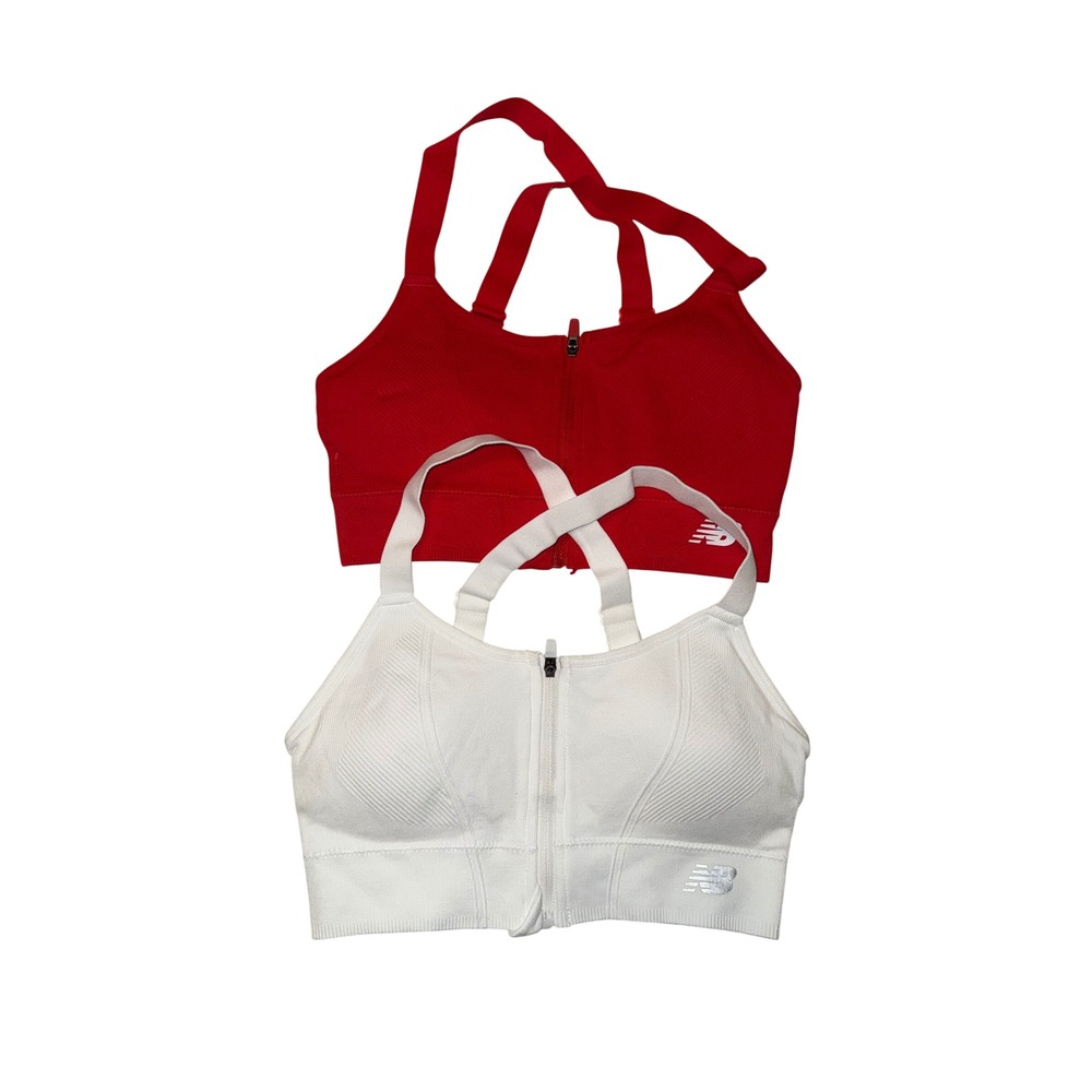 2 NB New Balance Womens Front Zip Sports Bras Set Red White Small Seamless NWOT